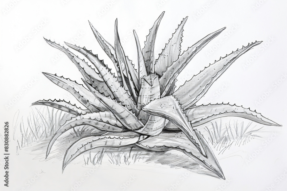 Detailed hand-drawn black and white aloe vera botanical illustration ...