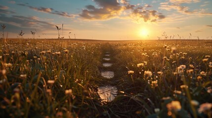 Wall Mural - A field of yellow flowers with a path through it