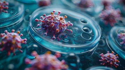 Fototapete - Close up View of Microscopic Viral Structures in Laboratory
