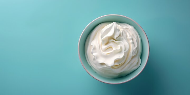 a bowl of whipped cream on a blue background