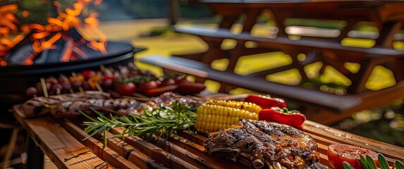 Grilling meat and vegetables on a wooden board with an outdoor picnic setting and fire in the background during a sunny day.