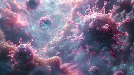 Aufkleber - Detailed Microscopic View of Dangerous Viral Particles and Microorganisms in Pink Purple and Blue Hues