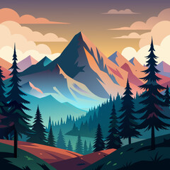  mountains landscape. Morning wood panorama, pine trees and mountains . sunrise in the mountains