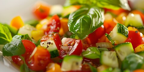 Wall Mural - salad with tomatoes, cucumbers, and basil leaves in a white bowl on a table top