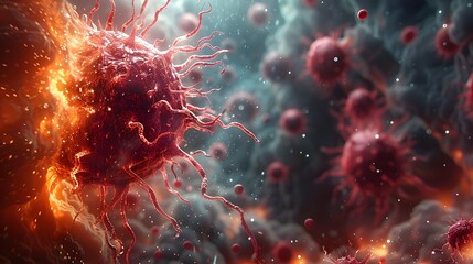 Fototapete - Fiery Abstract Molecular Structure with Radiant Cellular and Genetic Elements in Futuristic Sci Fi Space
