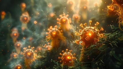 Aufkleber - Glowing Microscopic Coronavirus Molecule in Surreal Digital Rendering