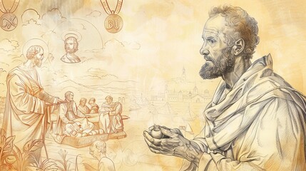 Serving the Poor by St. Vincent de Paul in 17th-Century France, Biblical Illustration, Beige Background, Copyspace