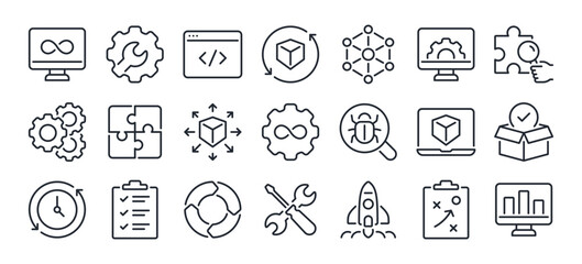 devops development and operations concept editable stroke outline icons set isolated on white backgr