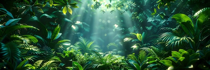 Poster - Lush Tropical Rainforest with Sunbeams Cascading through the Verdant Canopy