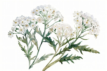 Wall Mural - Elegant watercolor artwork capturing a cluster of white yarrow flowers and green foliage with soft, transparent hues on a white background