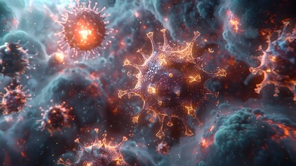 Aufkleber - Microscopic Cells and Viral Outbreak in Futuristic Digital Landscape