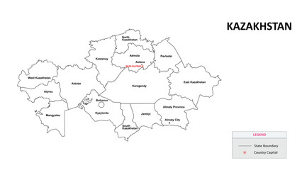 Wall Mural - Kazakhstan Map. State and district map of Kazakhstan. Administrative map of Kazakhstan with states and boundaries in white color.