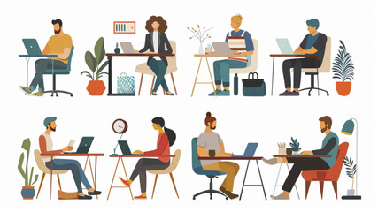 Wall Mural - A set of people working from home offices, a vector illustration in a flat style isolated on a white background