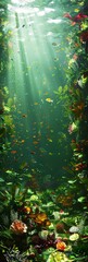 Wall Mural - Underwater garden of aquatic plants and flowers, using a variety of greens, teals, and vibrant colors to create a lush, otherworldly scene beneath the water's surface, ai generated