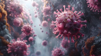 Poster - Microscopic View of Pink and Purple Coronavirus Cells During Global Pandemic Outbreak