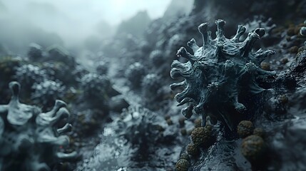 Fototapete - Microscopic view of the novel coronavirus structure in a laboratory research setting