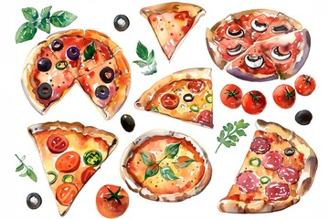 Wall Mural - a watercolor painting of pizzas with different toppings and toppings on them