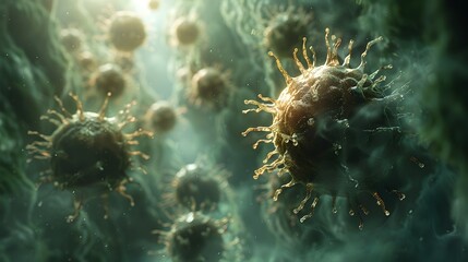 Leinwandbilder - Microscopic View of Viral or Bacterial Cells Revealing Detailed Molecular Structures and Pathogens for Medical or Scientific Research