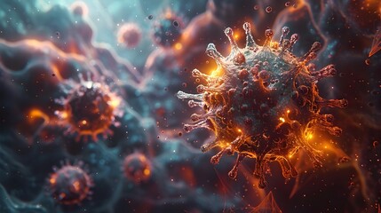 Fototapete - Microscopic Viral Outbreak Bursting with Fiery Energy and Power