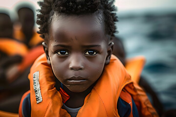 Sticker - little african boy wearing an orange swimvest in a lifeboat - closeup portrait of a refugee