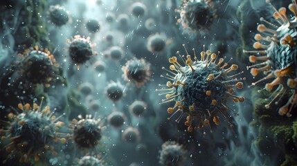Fototapete - Microscopic Viral Outbreak Conceptual of Deadly Pathogens Spreading Across a Digital Landscape