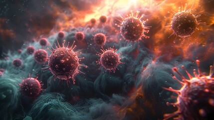 Fototapete - Microscopic Viral Outbreak Detailed View of Coronavirus Cells and Molecular Structure
