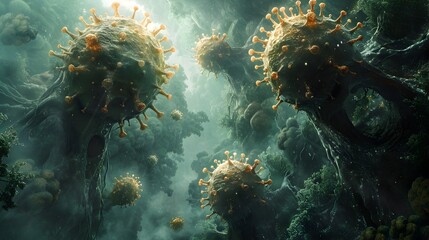 Poster - Microscopic Viral Outbreak Pandemic Spreading Dangerous Contagious Disease Cells Abstract Background
