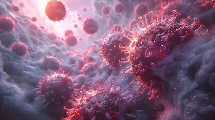 Fototapete - Microscopic Viral Structure in Glowing Red and Pink Tones Conceptual of Pandemic Outbreak and Medical Research