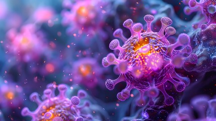 Fototapete - Microscopic Viral Structure in Vibrant Hues Representing Pandemic Threat