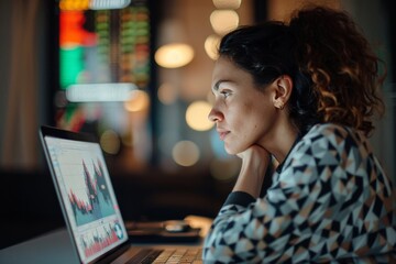 Wall Mural - A focused individual examines complex financial graphs on a laptop screen in a dark room with neon lights