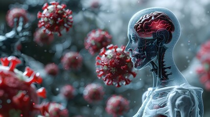 Poster - Surreal 3D Rendering of Microscopic Coronavirus Cells Disrupting Human Anatomy