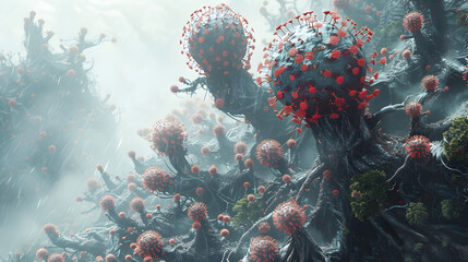 Aufkleber - Surreal Microscopic Viral Pandemic Landscape in Mysterious Digital Environment