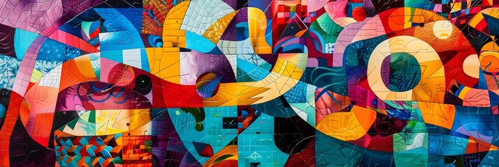 Fototapete - Vibrant Abstract Digital Artwork with Geometric Shapes and Captivating Patterns