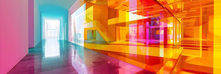 Poster - Vibrant Architectural Corridor of Geometric Symmetry and Futuristic Lighting