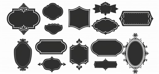 Wall Mural - Black vector label frame shape set, flat design on white background. Vector sticker or badge collection for text in the style of vintage style.