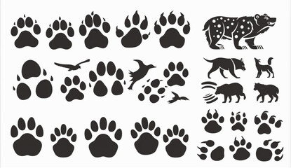 Wall Mural - Big set of various animal tracks and paw prints. Dog and cat paws. Bear, wolf claws or leopard footprints