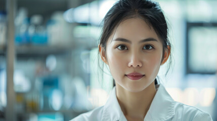 Wall Mural - confident young scientist in laboratory. portrait of a young female scientist looking at camera in a