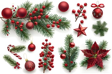 Poster - Festive Christmas Decor Set with Pine Branches Red Berries and Golden Ornaments on White Background