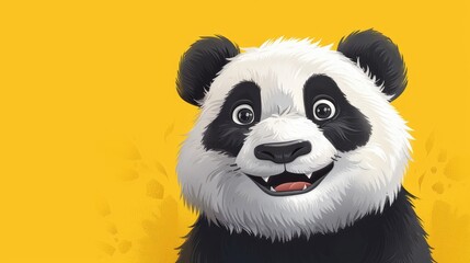 Adorable smiling cartoon panda on a bright yellow background