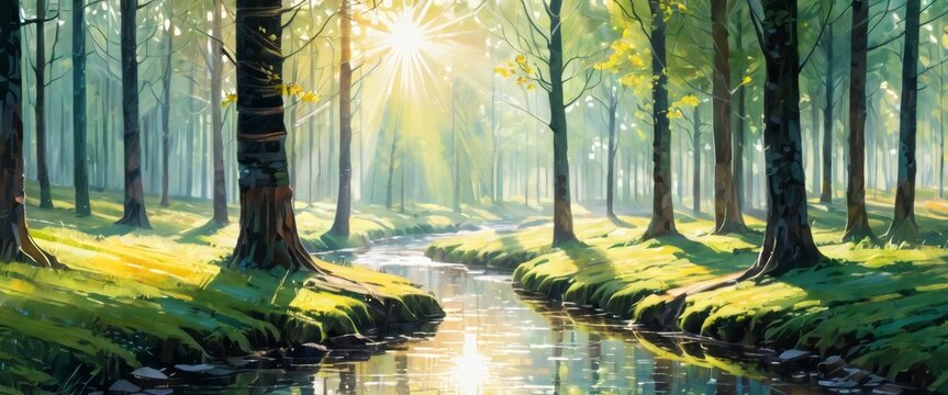 Artistic watercolor illustration of a serene forest creek bathed in sunlight with lush green trees and reflective water.