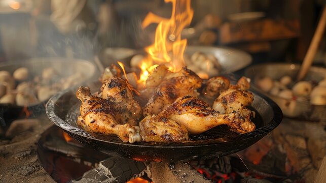Chicken cooked over an open flame
