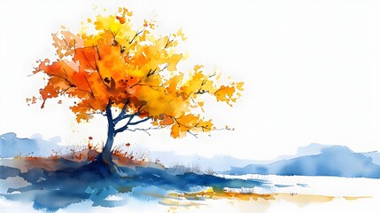 Poster - Vibrant Autumn Watercolor Landscape with Colorful Foliage and Scenic Countryside View on White Background