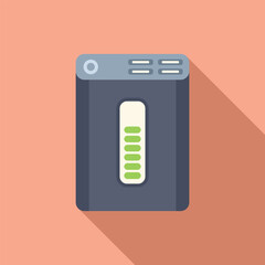 Sticker - Flat design vector icon of a portable power bank with battery level indicator on a peach background