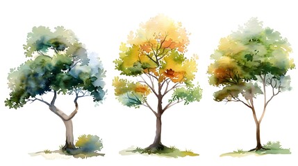 Poster - Watercolor Painting of Diverse Autumnal Trees in Lush Natural Landscape