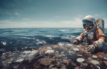 Wall Mural - AI-generated illustration of an Astronaut in space standing in water with trashy objects around him