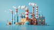 © Tackey - 3D illustration of a colorful factory with chimneys releasing smoke against a blue background, industrial concept.