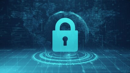 Wall Mural - rotating futuristic 3d padlock icon over digital globe and world map
