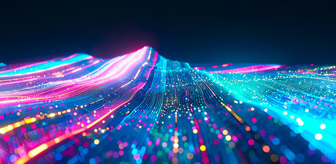 selective focus of flowing glowing particles light beams.field of algorithm binary computer code.abstract background of vibrant light luminous line with big data information or cloud technology.