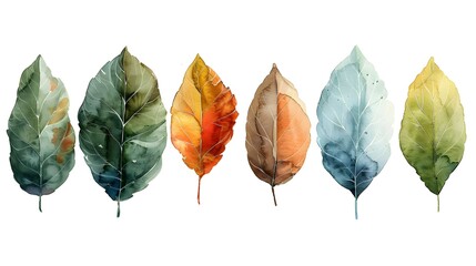 Poster - Delicate Watercolor Leaves Arranged in Muted Tones on Clean Bright Seamless Surface