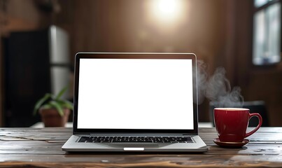 Desk Laptop with blank screen on table of coffee